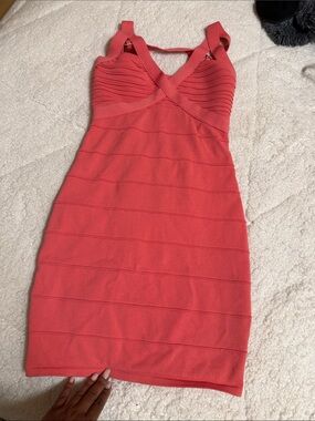 bebe hot pink bodycon dress Plunge Neck Bandage Dress